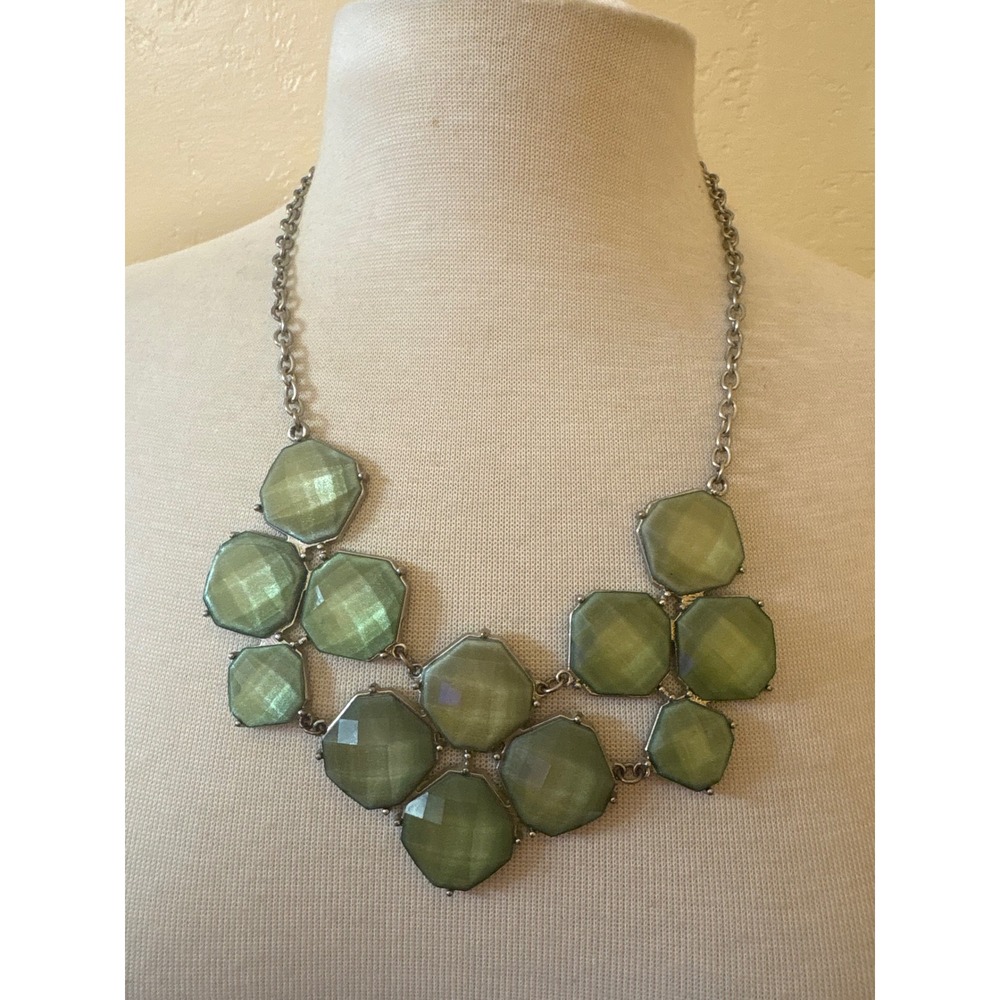 Sage Green Geometric Bib Statement Necklace Silver Tone Faceted Resin‎